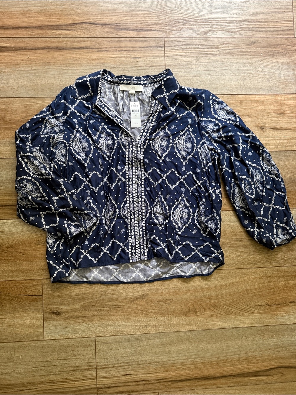 LOFT Navy Paisley Print Lightweight Zip Jacket